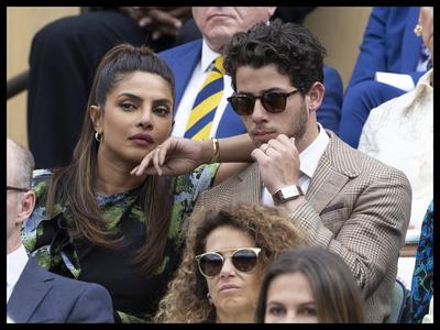 . 15/07/2023. London, United Kingdom. Priyanka Chopra and Nick Jonas in the Royal Box for the Ladies Singles Final on da-stock-photo