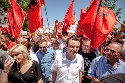 Leader of the movement for Self-Determination (Levizja Vetevendosje) Albin Kurti, is seen participating and leading an e-stock-photo