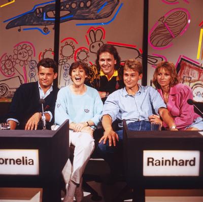 Dingsda Dingsda, Unterhaltungsshow, Deutschland 1989, Moderator Fritz Egner (Mitte) und die Kandidaten Elmar Bormann, Co-stock-foto