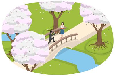 3D Isometrische flache konzeptionelle Illustration der bl?henden Sakura-B?ume, Paar zu Fu? auf der Br?cke<br>3D Isometri-stock-foto