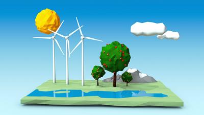 Illustration von Baum-Windturbinen auf einer gr?nen, quadratischen Insel mit B?umen, Bergen und einem Fluss-stock-photo