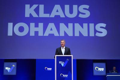 Romania EPP Congres Klaus Iohannis President of Romania speaks at the EPP Congress in Bucharest, Romania, Thursday, Marc-stock-photo