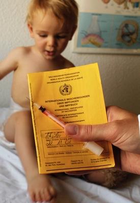 Thema: Impfen, Impfausweis und Spritze . Hannover , Deutschland . Child with international certificates of vaccination-stock-foto