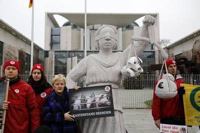 Demonstration am Rande der Veranstaltung, Gr?ne Politikerin Renate K?nast , Deutschland, Berlin, Bundeskanzleramt, Einga-stock-foto