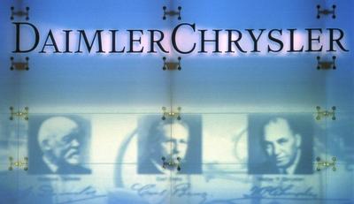 Jahres Hauptversammlung der DaimlerChrysler AG Schriftzug mit Portraets der Unternehmensgruender-stock-foto