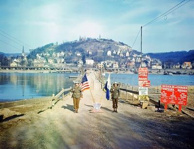 Pontoon Bridge near Remagen Two American soldiers are guarding the Rozisch-Blackburn-Thompkins-Bridge across the Rhine n-stock-photo