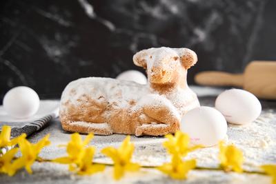Augsburg, Bavaria, Germany - March 22, 2024: Traditional Easter lamb as a cake for Easter. Baking concept with flour, eg-stock-photo