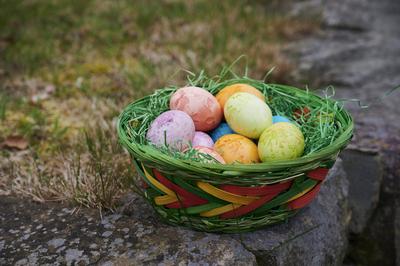 Osterbrauch, Dekoration, gef?rbte Eier in verschiedenen Farben liegen im Osternest drau?en im Garten Osterbrauch *** Eas-stock-foto