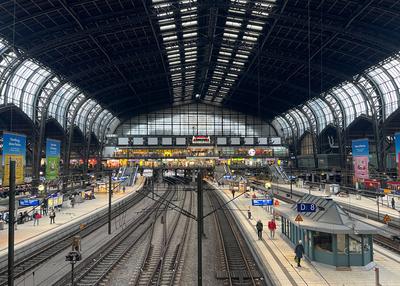 Symbolbild Innenansicht des Hamburger Hauptbahnhofs, leere und volle Bahnsteige, Menschen in Bewegung, weitl?ufige Gleis-stock-foto