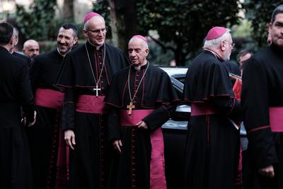 Rome, Anniversary of the signing of the Lateran Pacts. Rino Fisichella archbishop and pro prefect of the Vatican State with the Vatican Delegation.-stock-foto
