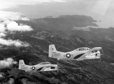 RECORD DATE NOT STATED Vietnam: Two South Vietnamese Air Force North American T-28C Trojan aircraft flying over the Viet-stock-photo
