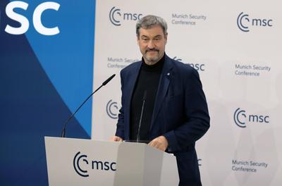 Der bayerische Ministerpr?sident Markus S?der bei seiner Ansprache an der M?nchner Sicherheitskonferenz (MSC).-stock-photo