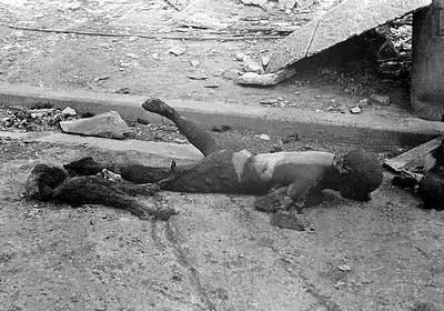 BOMBING OF TOKYO The charred body of a woman who was carrying a child on her back; her back itself was not burned. 10th-stock-foto