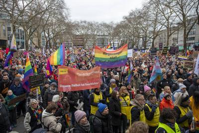 Demonstration der Queeren Community gegen Friedrich Merz, gegen die CDU und AFD in K?ln.-stock-photo