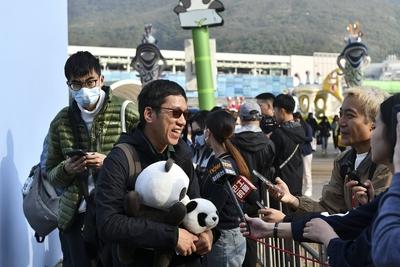 HONG KONG, CHINA - FEBRUARY 16: A visitor holding panda plush toys waits to see Hong Kong s first locally-born giant pan-stock-foto