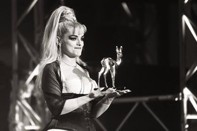 BAMBI Verleihung im MARITIM K?ln // 11.12.1992 - Auf dem Bild die S?ngerin Nina Hagen ?berreicht den Kreativit?t BAMBI a-stock-foto