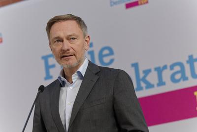 FDP-Pressekonferenz zum Wahlkampf-Endspurt-stock-foto