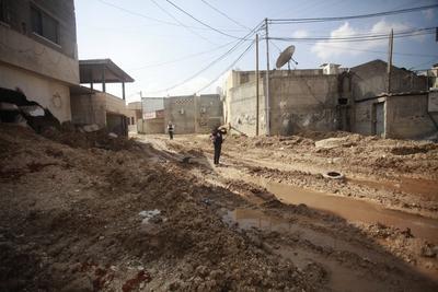 Damage to Palestinian homes caused by an Israeli military raid on the Nour Shams refugee camp near Tulkarem-stock-foto