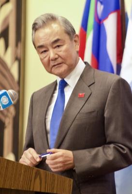Press conference with wang yi, china's minister of foreign affairs at un.-stock-photo