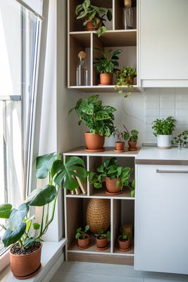 Hausgarten mit Gr?npflanzen scindapsus, monstera, pilea, epipremnum in T?pfen auf Regalen.-stock-photo