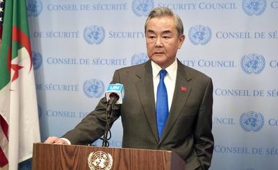 Press conference with wang yi, china's minister of foreign affairs at un.-stock-photo