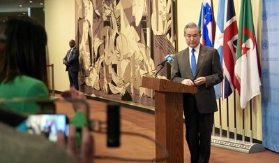 Press conference with wang yi, china's minister of foreign affairs at un.-stock-photo