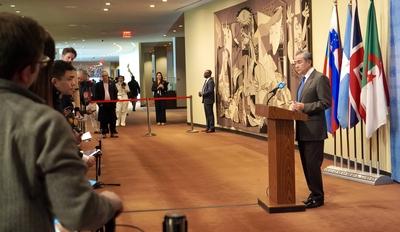 Press conference with wang yi, china's minister of foreign affairs at un.-stock-photo