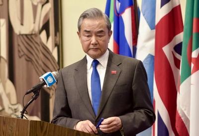Press conference with wang yi, china's minister of foreign affairs at un.-stock-photo