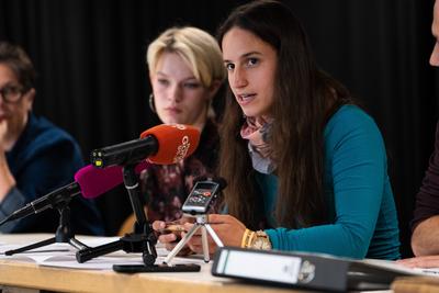 Pressekonferenz der Linken uzr Strafanzeige gegen bayerische Politiker Lisa Poettinger (Klimaaktivsitin) Am 31. Mai 2023-stock-photo