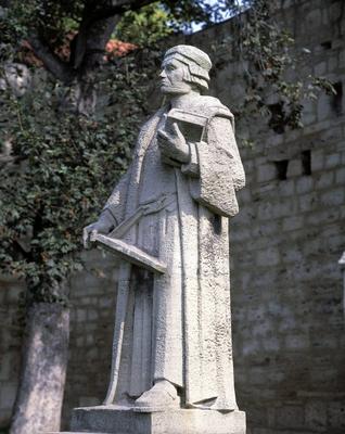Bildnummer: 50371351  Datum: 20.07.2000  Copyright: imago/Werner OttoStatue von Thomas M?ntzer in M?hlhausen, Objekte; 2000, Unstrut-Hainich, Figur, Figuren, Skulptur, Skulpturen; , hoch, Mfdia, Einzelbild, Bildhauerei, Kunst, Denkm?ler, Deutschland,  , Reisen, Th?ringen, Europa / M?nzer; Aufnahmedatum gesch?tzt-stock-photo