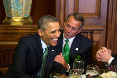 President Barack Obama shares a laugh with House Speaker John Boehner, R-Ohio, during a St. Patrick"!s Day lunch with Pri-stock-foto
