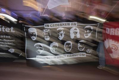 19.02.2025, Hanau Demonstration, N?rnberg: Anl?sslich des f?nften Jahrestages des rassistisch motivierten Anschlages ein-stock-foto