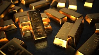 Fine Gold Bars 1000g Fine gold bars on the dark background. 3d illustration.-stock-photo