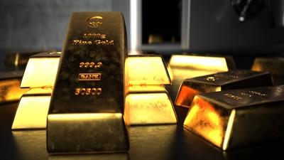 Fine Gold Bars 1000g Opened Safe Fine gold bars in front of an open safe. 3d illustration.-stock-photo