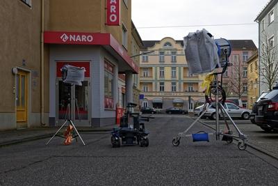 Lindenstra?e Das Foto zeigt das Set der Lindenstra?e Lindenstra?e mit den Geb?uden auf dem Produkti-stock-foto