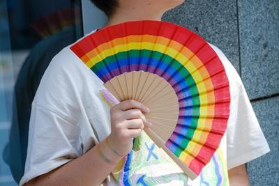 Düsseldorf 10.06.2023 CSD Christopher Street Day Regenbogenfarben Regenbogenfächer Luftfächer Windfächer Hitzewelle Somm-stock-photo