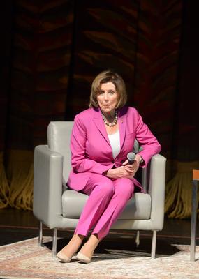 MIAMI, FL - OCTOBER 21: Former Speaker of the United States House of Representatives Nancy Pelosi in conversation with F-stock-photo