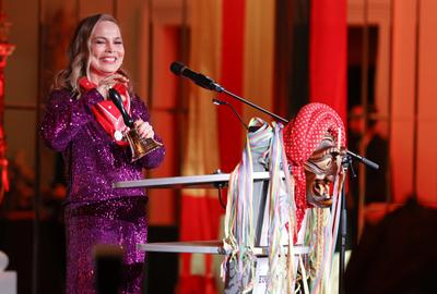 Presentation of the golden jesters bell / Regina Halmich bekommt im Europa-Park die Goldene Narrenschelle 2025 der Vereinigung Schw?bisch-Alemannischer Narrenz?nfte (VSAN)-stock-photo