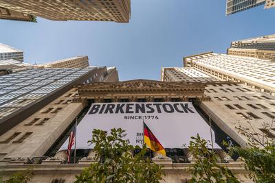 Birkenstock IPO at NYSE The New York Stock Exchange is decorated for the initial public offering of the German cobbler,-stock-photo