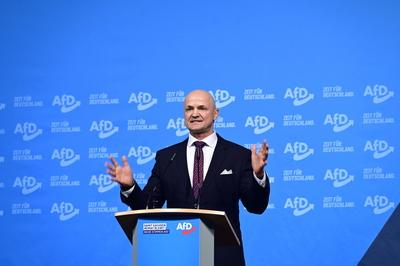 Andre Wendt beim Wahlkampfabschlu? der Alternative f?r Deutschland (AfD) zur Bundestagswahl in der Messehalle. L?bau, 21-stock-foto