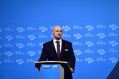 Andre Wendt beim Wahlkampfabschlu? der Alternative f?r Deutschland (AfD) zur Bundestagswahl in der Messehalle. L?bau, 21-stock-foto