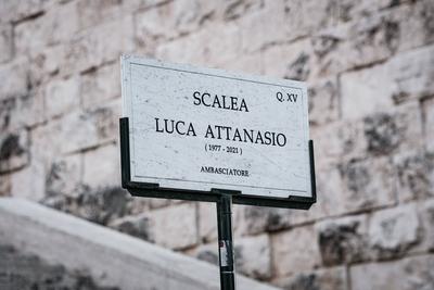 Rome, the plaque with the name of Ambassador Luca Attanasio to whom the staircase was dedicated.-stock-photo