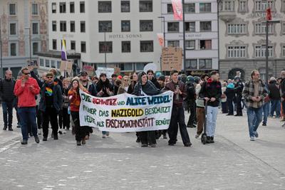 In Einsiedeln, dem Schweizer Wohnort der deutschen Kanzlerkandidatin der Alternative f?r Deutschland (AfD), fand am 22. Februar 2025 eine Demonstration gegen die AfD und Weidel statt.-stock-foto