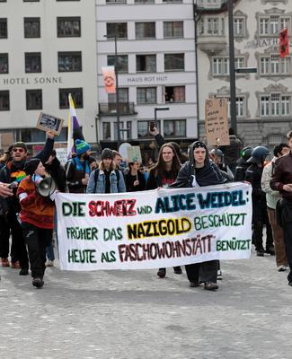 In Einsiedeln, dem Schweizer Wohnort der deutschen Kanzlerkandidatin der Alternative f?r Deutschland (AfD), fand am 22. Februar 2025 eine Demonstration gegen die AfD und Weidel statt. Hochkant.-stock-foto