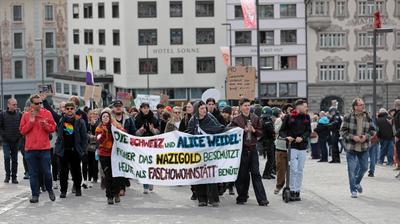 In Einsiedeln, dem Schweizer Wohnort der deutschen Kanzlerkandidatin der Alternative f?r Deutschland (AfD), fand am 22. Februar 2025 eine Demonstration gegen die AfD und Weidel statt.-stock-foto