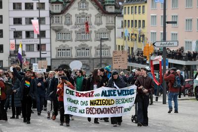In Einsiedeln, dem Schweizer Wohnort der deutschen Kanzlerkandidatin der Alternative f?r Deutschland (AfD), fand am 22. Februar 2025 eine Demonstration gegen die AfD und Weidel statt.-stock-foto