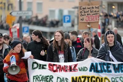 In Einsiedeln, dem Schweizer Wohnort der deutschen Kanzlerkandidatin der Alternative f?r Deutschland (AfD), fand am 22. Februar 2025 eine Demonstration gegen die AfD und Weidel statt.-stock-foto