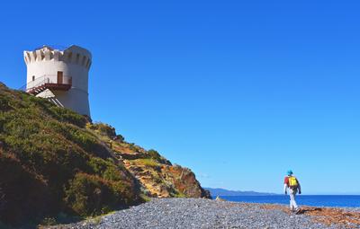 Wanderer am Genueserturm an der Kuesten von Nonza, Frankreich, Korsika, Cap Corse Albo genovese tower and footpath along-stock-foto
