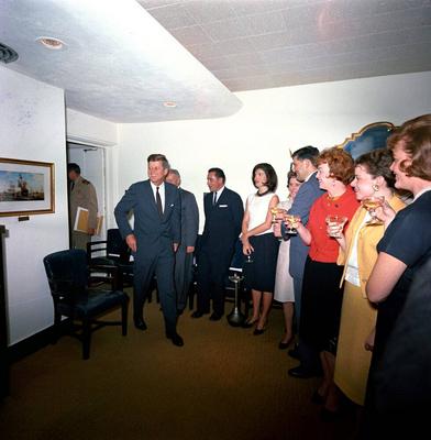 Surprise birthday party for President Kennedy, given by the White House staff, 5:45PM. President John F. Kennedy arrives-stock-photo