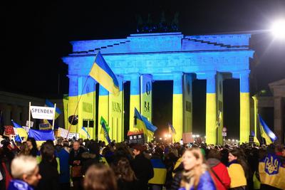Demo Anl?sslich des dritten Jahrestages des Beginns des Krieges von Russland gegen die Ukraine-stock-photo